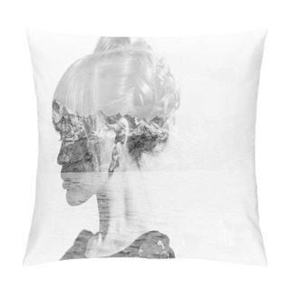 Personality Monochrome Double Exposure Of Woman Profile Portrait And Snowy Mountains Pillow Covers