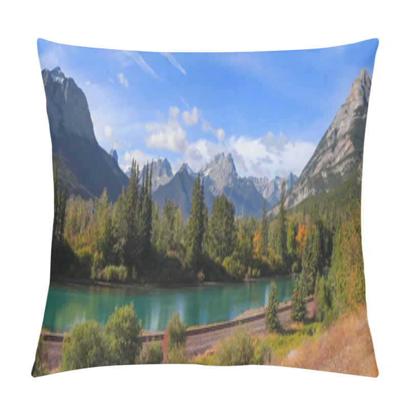 Personality  Panoramic view of coniferous trees by the Bow river in Banff national park pillow covers