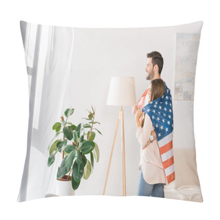 Personality  Side View Of Young Couple Covered With American Flag Standing At Home Pillow Covers