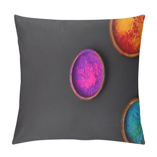 Personality  Top View Of Holi Powder In Bowls On Grey Surface, Hindu Spring Festival Of Colours Pillow Covers