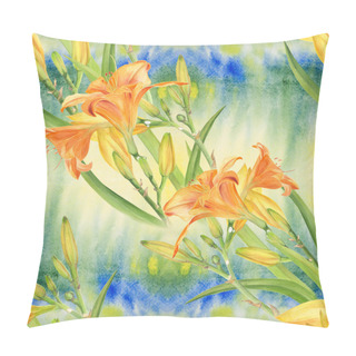 Personality  Flowers, Buds And Leaves Of A Yellow Lily. Watercolor. Floral Motifs. Seamless Pattern. Pillow Covers