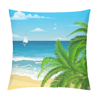 Personality  Exotic Tropical  Beach With  Palm. Seascape With Waves, Cloudy Sky And Seagulls.  Sail On The Horizon. Tourism And Travelling. Natural Vector Flat Design. Illustration For Background, Banner, Wallpaper, Poster, Cover. Pillow Covers