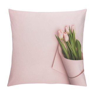 Personality  Top View Of Tulips Wrapped In Paper On Pink Background Pillow Covers