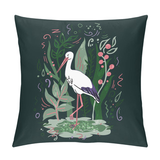 Personality  Vector Illustration With White Stork And Plants Pillow Covers