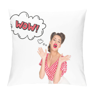 Personality  Portrait Of Emotional Young Woman In Retro Style Clothing With Comic Style Wow Sign Isolated On White Pillow Covers