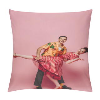 Personality  Elegant Dancer Supporting Partner While Dancing Boogie-woogie On Pink Background Pillow Covers