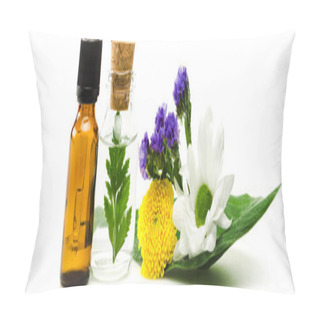 Personality  Panoramic Shot Of Bottles Near Flowers And Leaves Isolated On White  Pillow Covers
