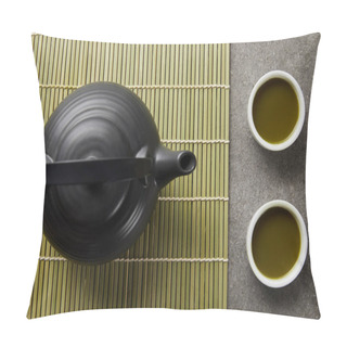 Personality  Top View Of White Cups With Green Matcha Tea Near Black Teapot On Bamboo Table Mat Pillow Covers