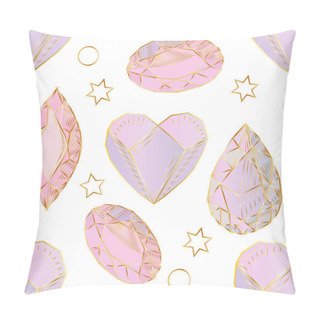 Personality  Colorful Seamless Pattern With Hand Drawn Crystals And Gems In Pink, Lilac Tones With Gold Contour Pillow Covers