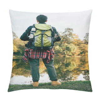Personality  Rear View Of Traveller With Backpack On Autumnal Background Pillow Covers