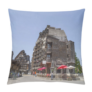 Personality  AVORIAZ , FRANCE - JULY 7, 2015. Strange Wooden Buildings In Avoriaz , French Mountain Resort, In The Middle Of The Porte Du Soleil , Alps Mountains. Pillow Covers