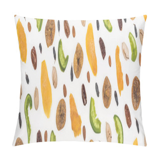 Personality  Top View Of Delicious Assorted Nuts, Dried Fruits And Candied Fruit Isolated On White, Panoramic Shot Pillow Covers