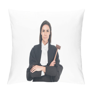 Personality  Judge In Judicial Robe Holding Gavel And Standing With Folded Arms Isolated On White Pillow Covers