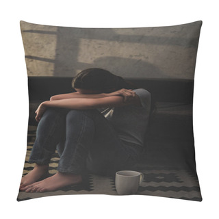 Personality  Emotional Crying Woman Hugging Her Knees While Sitting On Floor At Sofa Pillow Covers