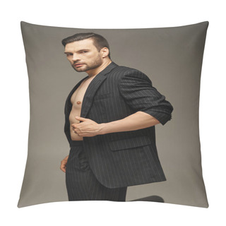 Personality  Fashion Statement, Handsome And Shirtless Man In Pinstripe Suit Posing On Grey Background Pillow Covers