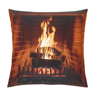 Personality  Fireplace, Fire Burning, Cozy Warm Fireside, Holiday Christmas Home. Wood Logs Flaming, Bricks Background, Closeup View Pillow Covers