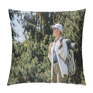 Personality  Side View Of Young Short Haired Female Tourist In Casual Clothes And Baseball Cap Looking Away While Standing With Blurred Trees At Background, Curious Hiker Exploring New Landscapes Pillow Covers
