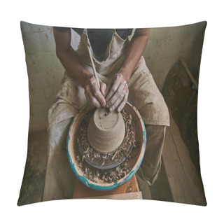 Personality  Cropped Image Of Professional Potter Decorating Clay Pot At Workshop Pillow Covers