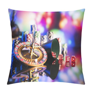 Personality  Gambling Theme.  Dice, Roulette Wheel And Poker Chips On Color Bokeh Background. Pillow Covers