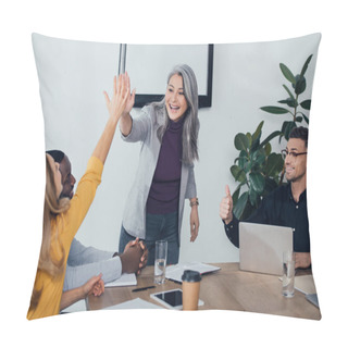 Personality  Smiling Multicultural Colleagues Giving High Five And Showing Like  Pillow Covers