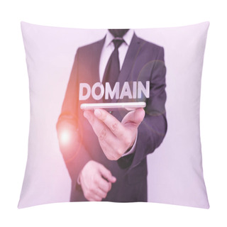 Personality  Handwriting Text Writing Domain. Concept Meaning An Area Of Territory Controlled By A Particular Ruler Or Government Male Human Wear Formal Work Suit Hold Smart Hi Tech Smartphone Use One Hand. Pillow Covers