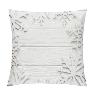 Personality  Flat Lay With Decorative Snowflakes On White Wooden Tabletop With Blank Space In Middle Pillow Covers