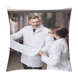 Personality  Engineer In White Coat Looking At Coworker While Holding Blueprint  Pillow Covers