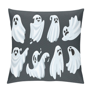 Personality  Spooky Halloween Ghost. Fly Phantom Spirit With Scary Face. Ghostly Apparition In White Fabric Vector Illustration Set Pillow Covers