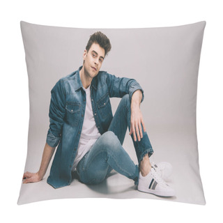 Personality  Good-looking Man In Jeans, Skirt And T-shirt With Crossed Legs Sitting On Floor And Looking At Camera Pillow Covers