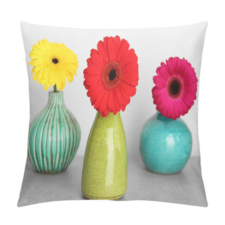 Personality  Vases With Gerbera Flowers On Grey Background Pillow Covers