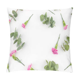 Personality  Baby Eucalyptus Leaves And Pink Carnation Flowers Pattern On White Background With Copy Space Pillow Covers