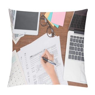 Personality  Cropped View Of Woman Filling Tax Forms At Workplace With Digital Devices And Stationery Pillow Covers