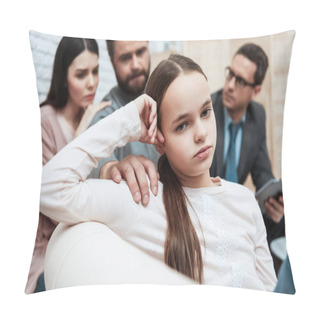 Personality  Bearded Disappointed Father Trying Getting Attention Of Small Daughter At Doctor Office Pillow Covers