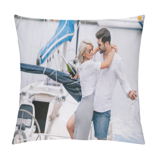 Personality  Smiling Girl In Sunglasses Hugging Handsome Man With Wine Bottle And Glasses On Yacht Pillow Covers