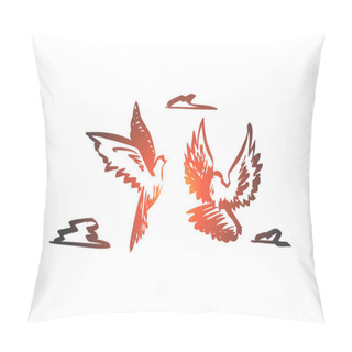 Personality  Freedom, Peace, Couple, Flight, Birds Concept. Hand Drawn Isolated Vector. Pillow Covers
