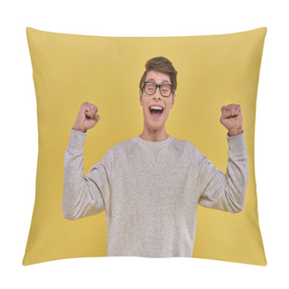 Personality  Emotional Happy Man In Casual Street Outfit Raising Fists Up And Closing His Eyes On Yellow Backdrop Pillow Covers