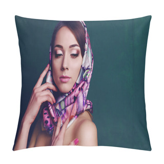 Personality  Gorgeous Woman In Retro Style, With Elegant Silk Scarf Pillow Covers