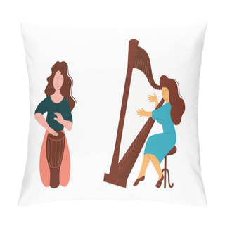 Personality  Woman Musician Instrumentalist Performing Music Playing Musical Instrument Vector Set Pillow Covers