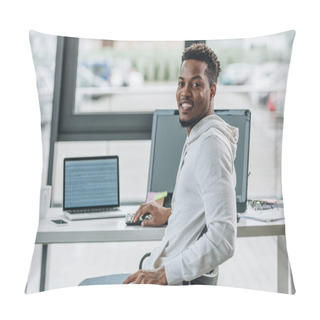 Personality  Cheerful African American Programmer Smiling At Camera While Sitting At Workplace In Office Pillow Covers
