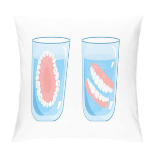 Personality  False Jaw In Glass With Water.Top,front View.Denture,a Removable Plate Or Frame Holding Artificial Teeth.Dental Hygiene.Orthodontics And Oral Surgery.Crown,veneers,beautiful Smile.Banner For Clinic Pillow Covers