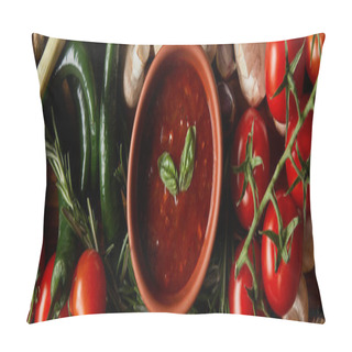 Personality  Panoramic Shot Of Tomato Sauce With Basil Leaves Near Cherry Tomatoes, Green Chili Peppers, Mushrooms And Rosemary  Pillow Covers