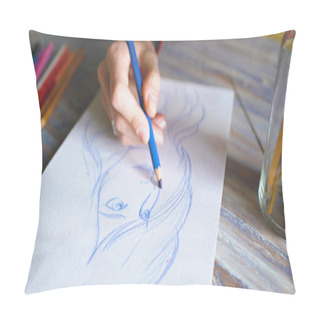 Personality  Closeup Of Female Hand Painting Sketch On Paper Notebook With Pencils. Woman Artist At Work Pillow Covers