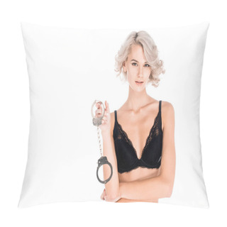 Personality  Wonderful Blonde Young Adult Woman In Lingerie Holding Handcuffs Isolated On White  Pillow Covers