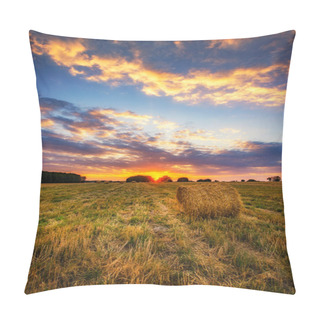 Personality  Beautiful Summer Sunrise Over Fields With Hay Bales Pillow Covers