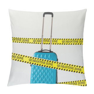 Personality  Blue Suitcase In Yellow And Black Hazard Warning Safety Tape With Quarantine Zone Illustration Isolated On White, Coronavirus Concept Pillow Covers