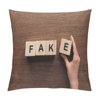 Personality  Cropped Image Of Journalist Taking Wooden Cubes With Word Fake At Wooden Table Pillow Covers