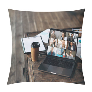 Personality  Video Conference. Application For Remote Communication. Screen View Of A Laptop With People Who Are Communication Via Video Conference Pillow Covers