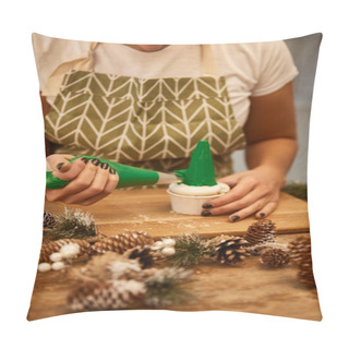 Personality  Cropped View Of Confectioner Decorating Christmas Tree Cupcake With Sweet Cream Beside Pine Cones On Table Pillow Covers