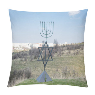 Personality  The Menorah Is A Symbol Of Judaism, The National-religious Sign Of Israel. The Six-pointed Star Of David. Monument To The Victims Of The Holocaust In The Village Of Bogdanovka. Pillow Covers