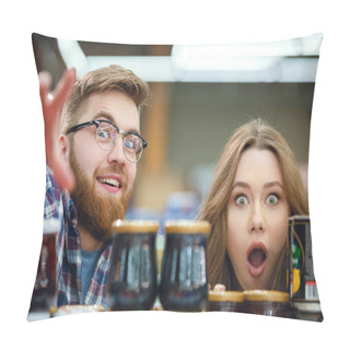 Personality  Cute Couple Looking Camera With Suprised Faces Pillow Covers